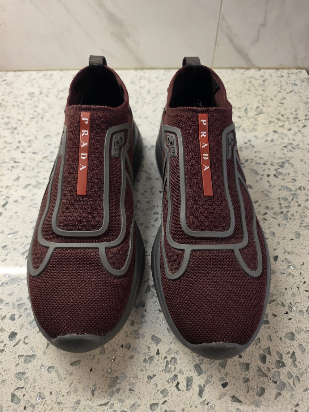 Prada Slip-On Knit Sneakers in Burgundy with Gray Trim